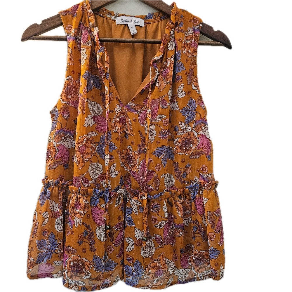 Harlow & Rose Blouse Womens S Yellow Tunic Floral Sleeveless V-Neck Lined